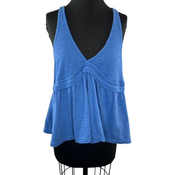 FREE PEOPLE Blue Sleeveless V-Neck Cotton Blend Pullover Zinia Tank Top L Large - Picture 2 of 7